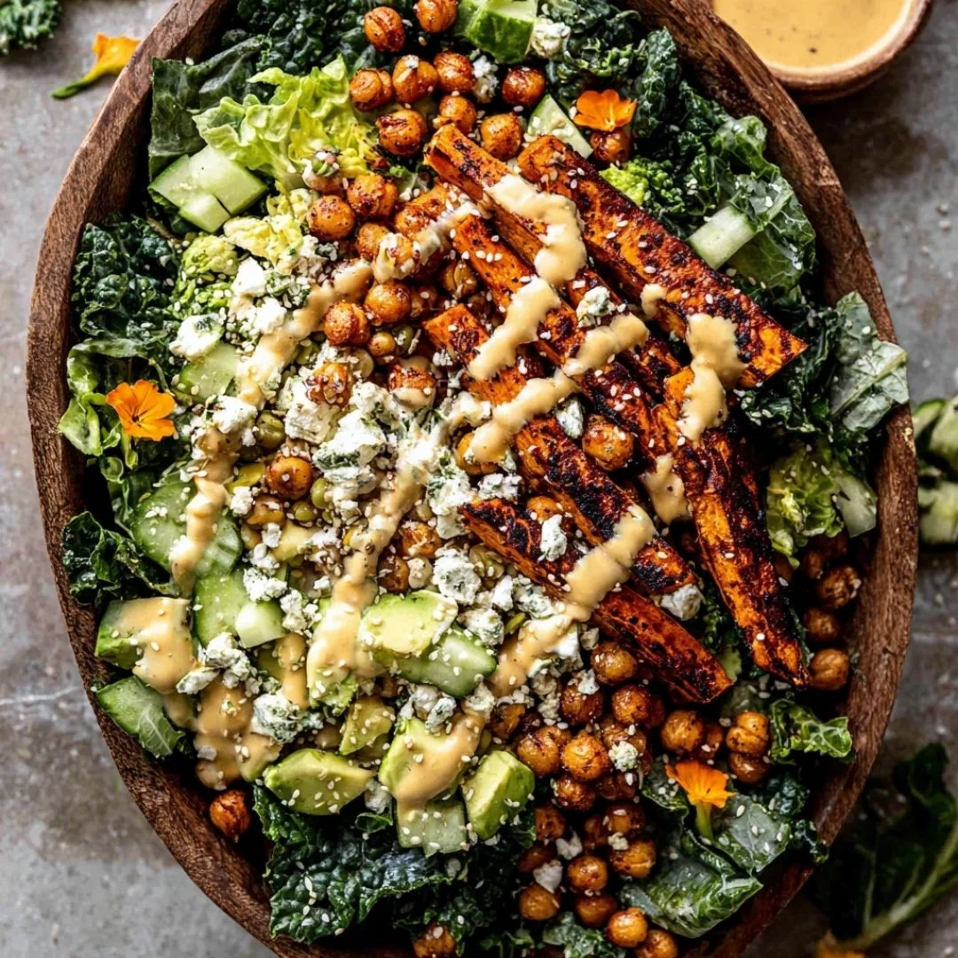 Sweet potato kale salad topped with creamy honey mustard dressing, a healthy side dish