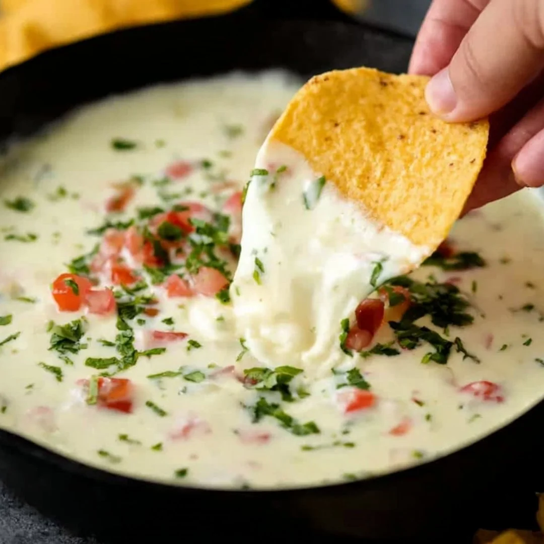 Creamy white queso dip served with tortilla chips.