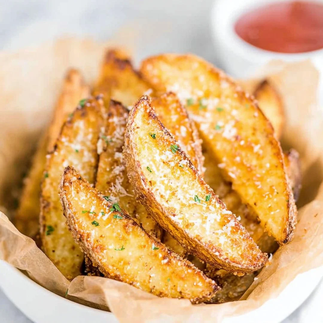 Plate of crispy air fryer potato wedges sprinkled with herbs
