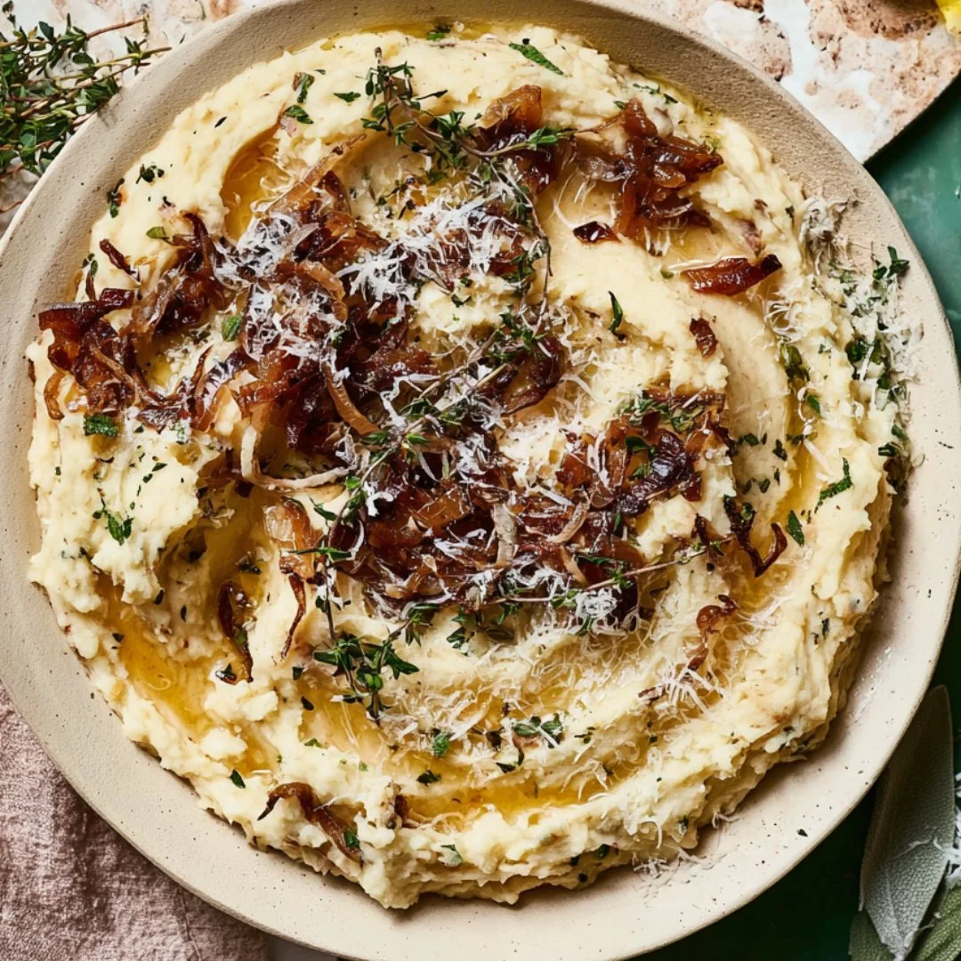 Delicious bowl of caramelized onion mashed potatoes topped with herbs.