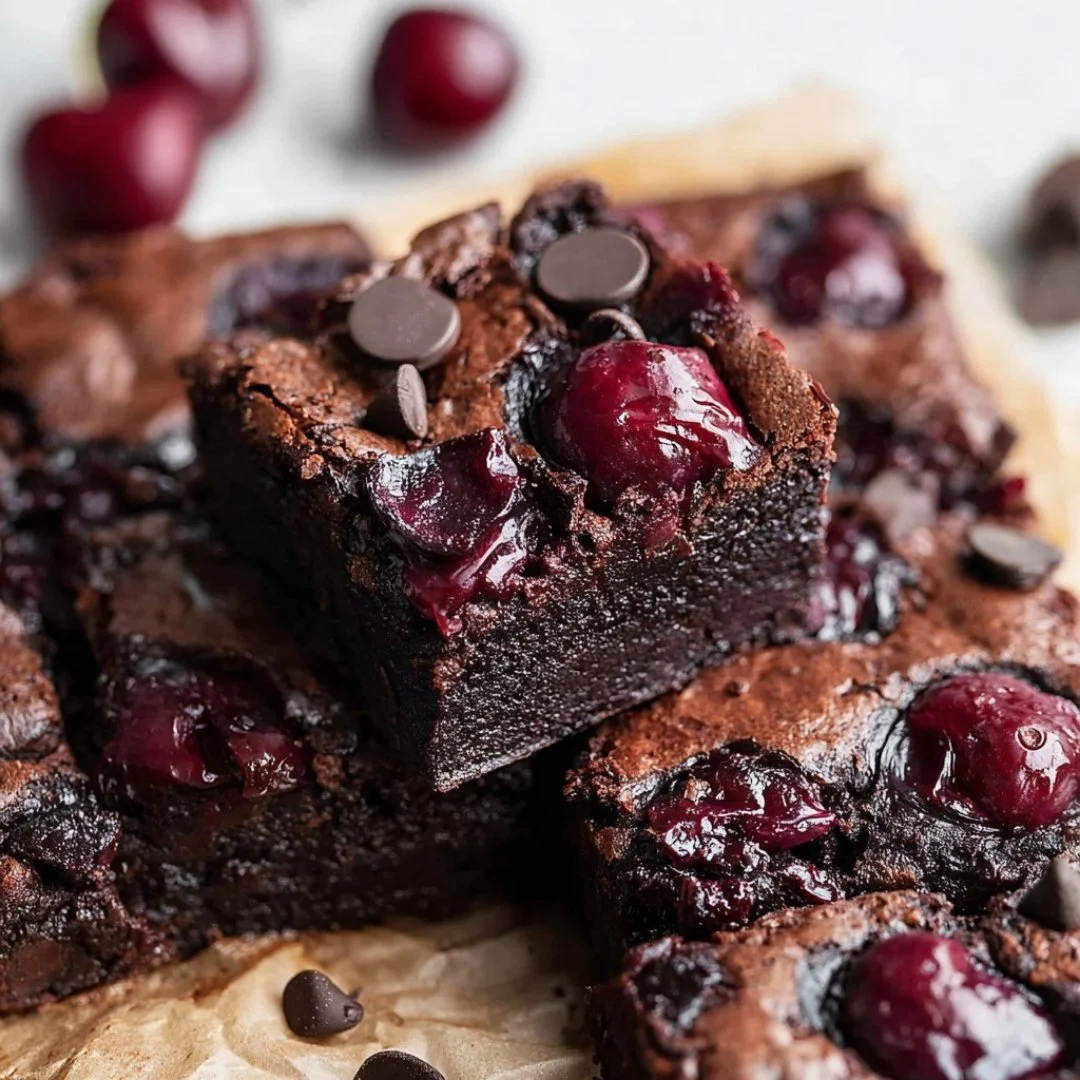 Delicious Chocolate Cherry Brownies with cherries and fudge topping