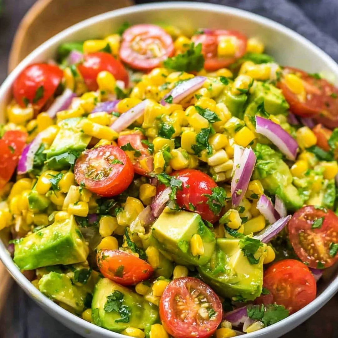 A colorful bowl of fresh corn salad with tomatoes and herbs