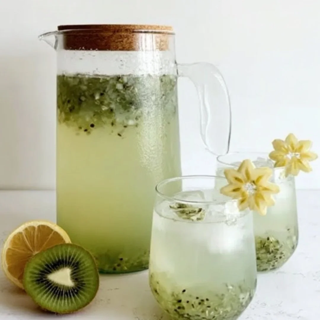 A refreshing glass of fresh kiwi lemonade garnished with sliced kiwi and lemon