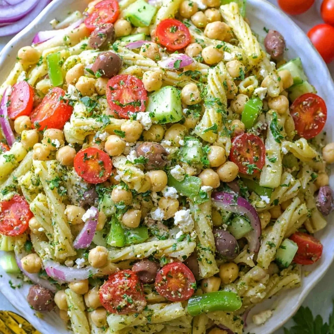 Colorful Greek Pasta Salad with olives, feta, and fresh vegetables