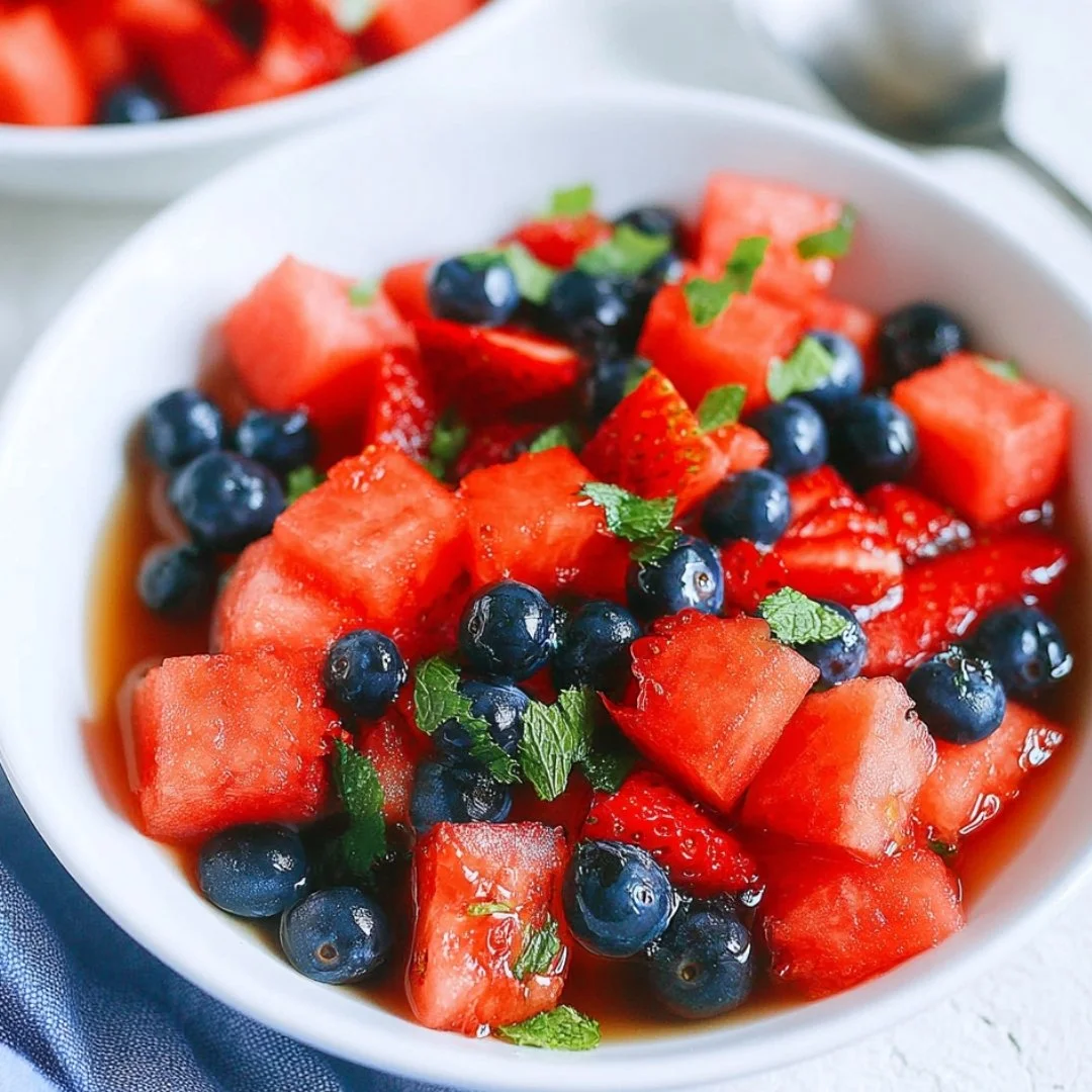 A vibrant honey lime mint watermelon berry fruit salad in a bowl.