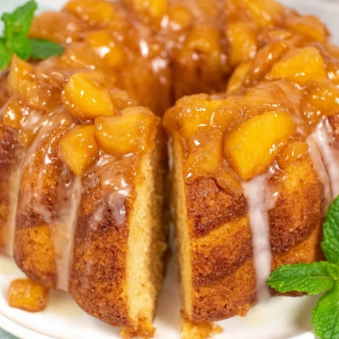 Delicious Peach Cobbler Pound Cake served on a plate with peaches and ice cream.
