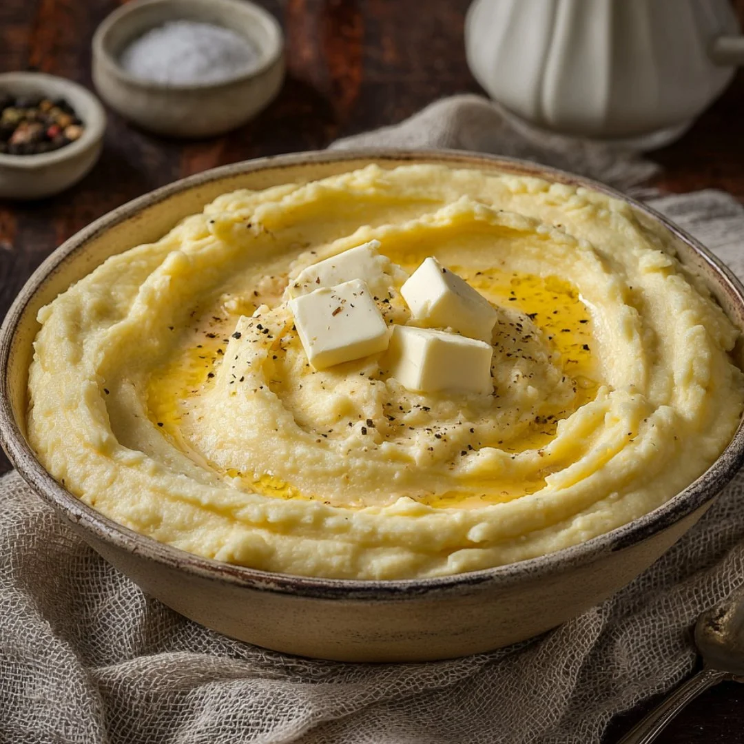 Creamy smoked Gouda cheesy mashed potatoes in a bowl.